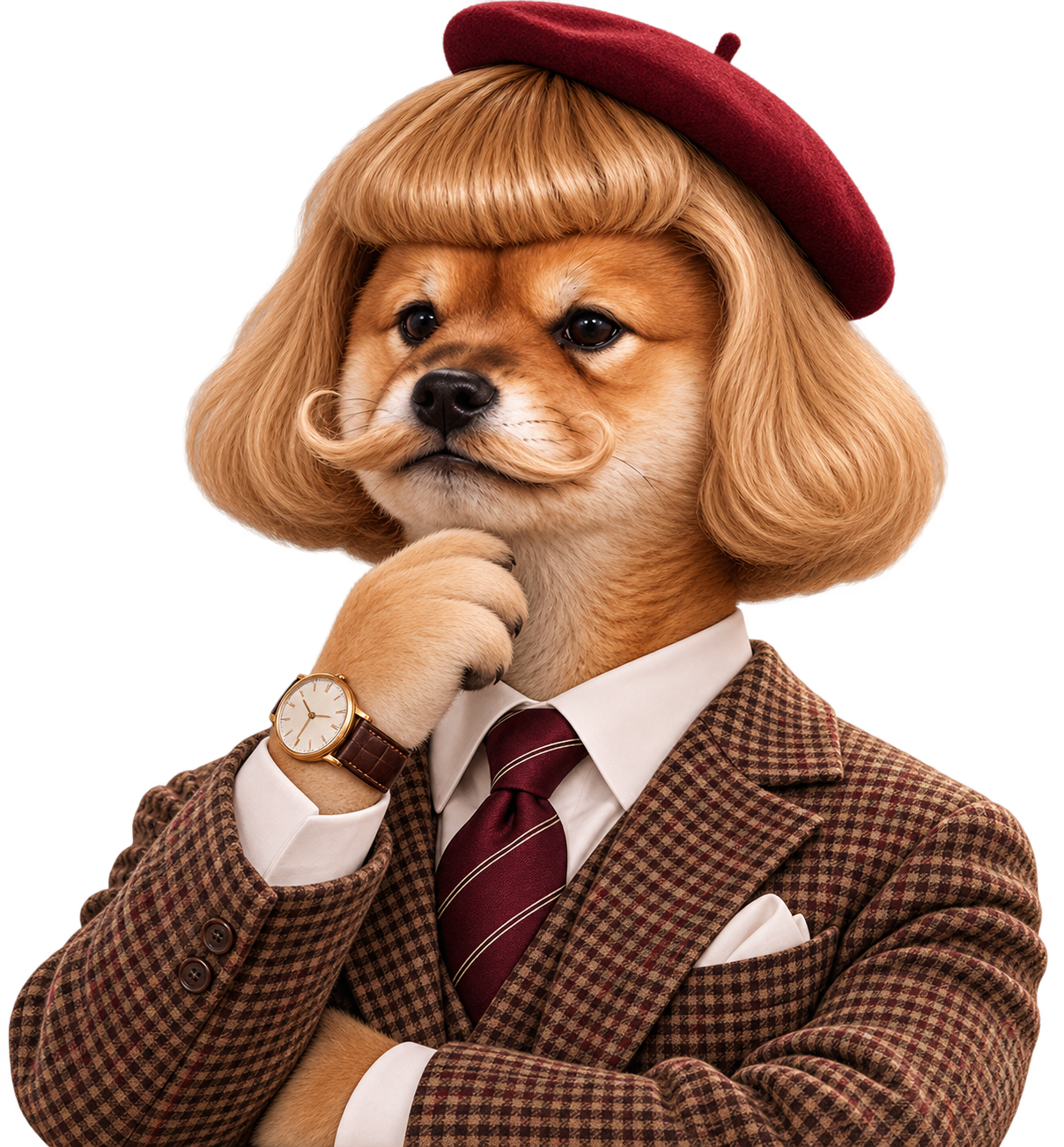 Jean Inu, a Shiba Inu in a burgundy beret, blonde bob, mustache, and houndstooth suit
